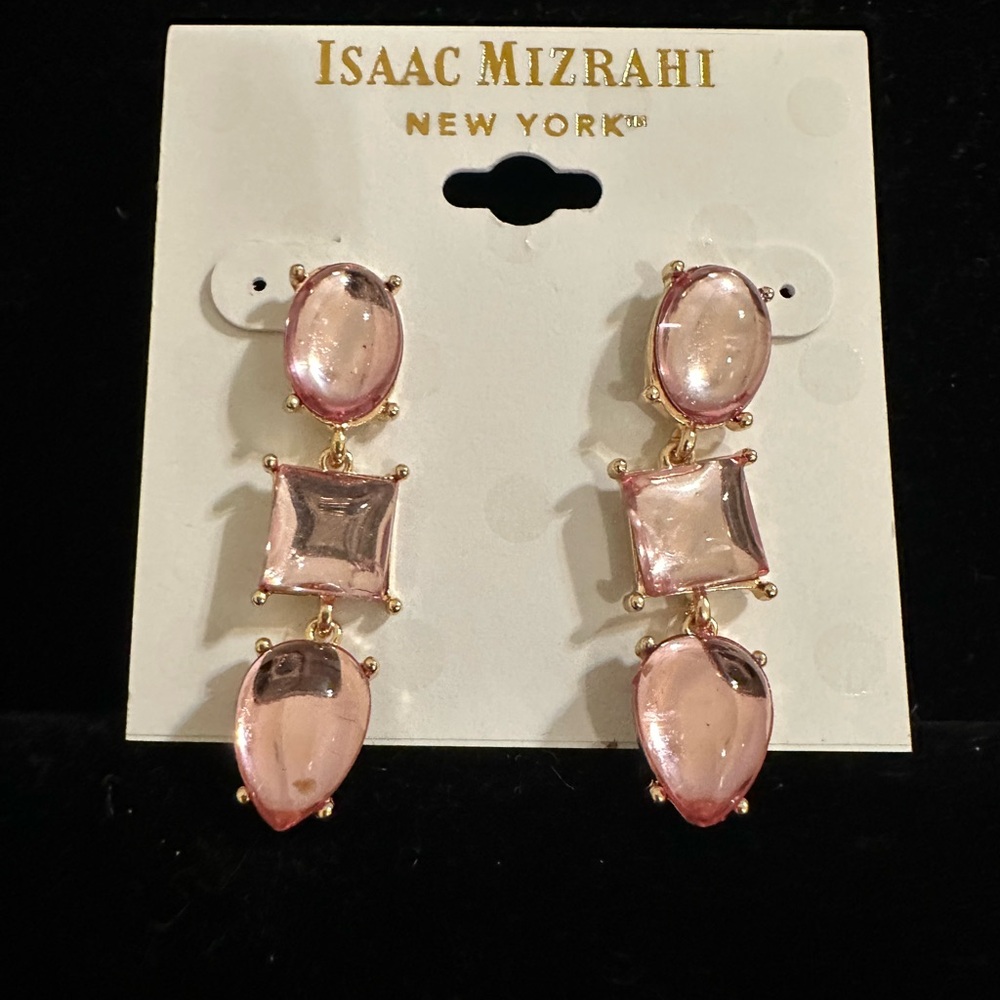 Isaac Mizrahi New York Linear Drop Gold Tone Pink Faceted Stones‎ Earrings NWT - Picture 5 of 9